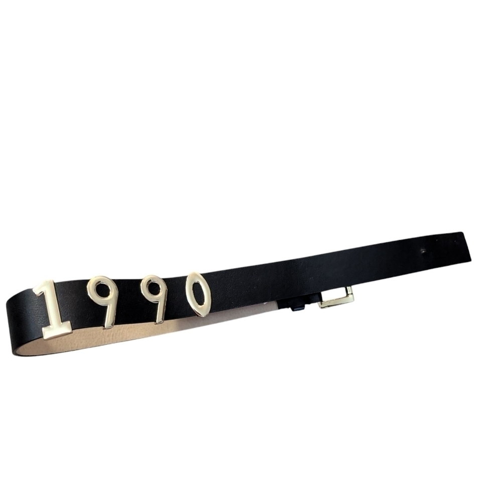 Steve Madden,Black Leather Belt with Gold Accents 1990 Logo, Has Been Altered S